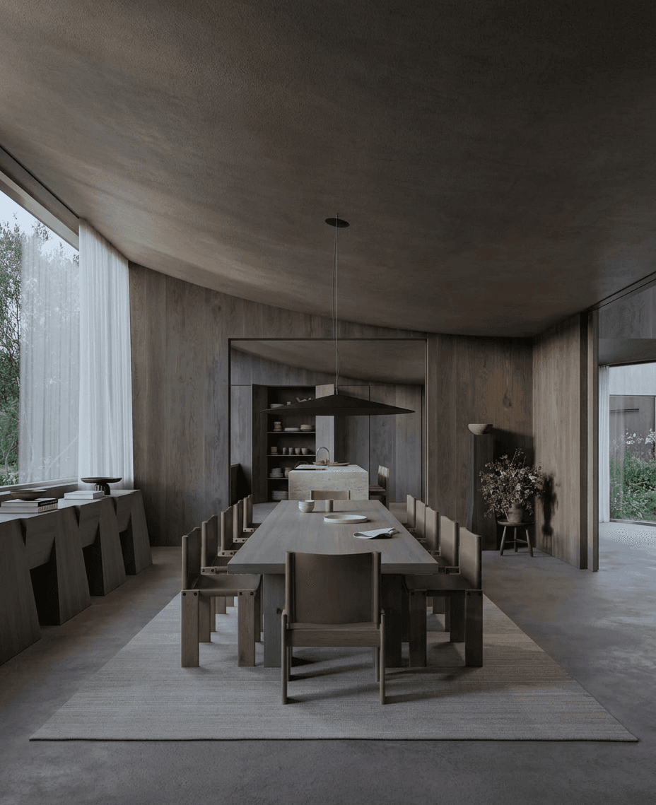 A modern dining room with a wooden table, minimalist chairs, and large windows allowing natural light.