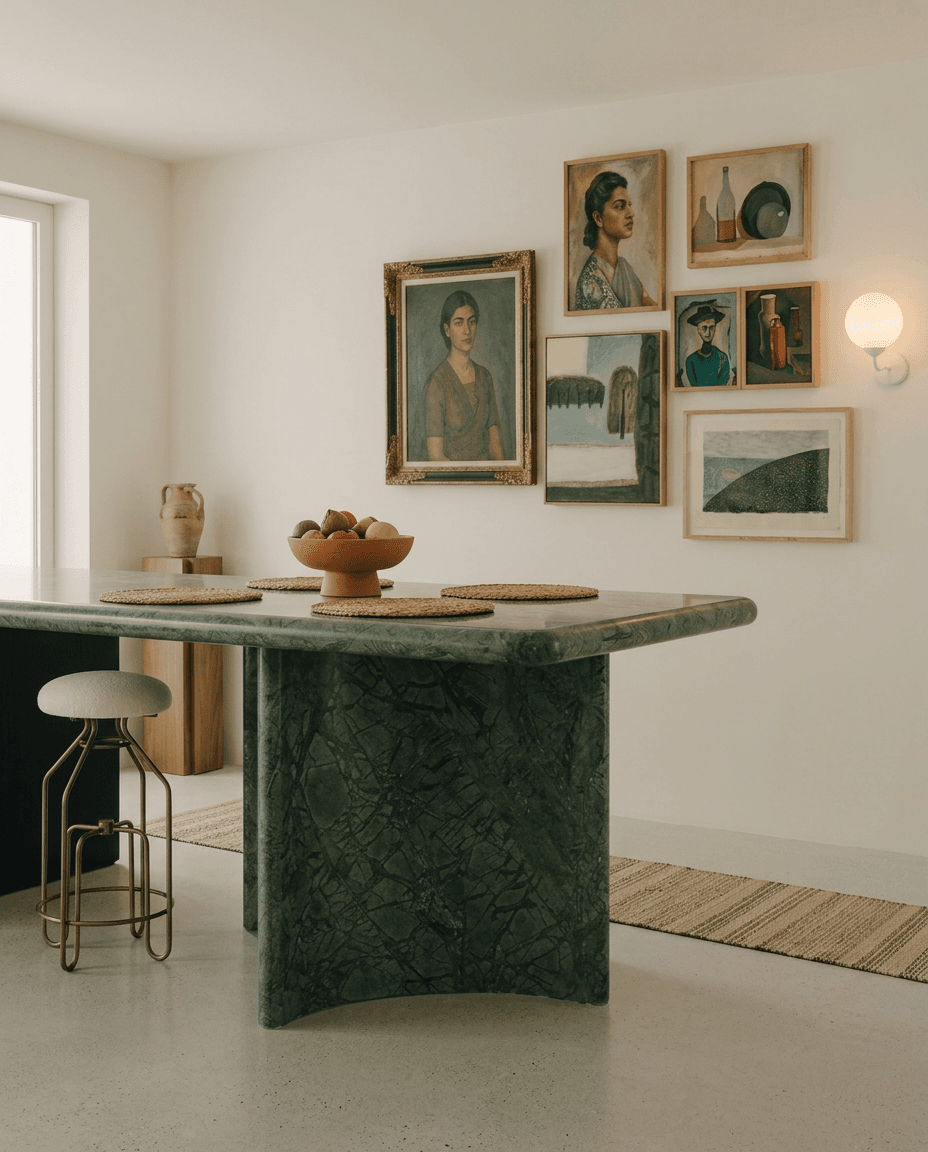 Interior view of a green marble dining table with minimalist decor and warm wall art.