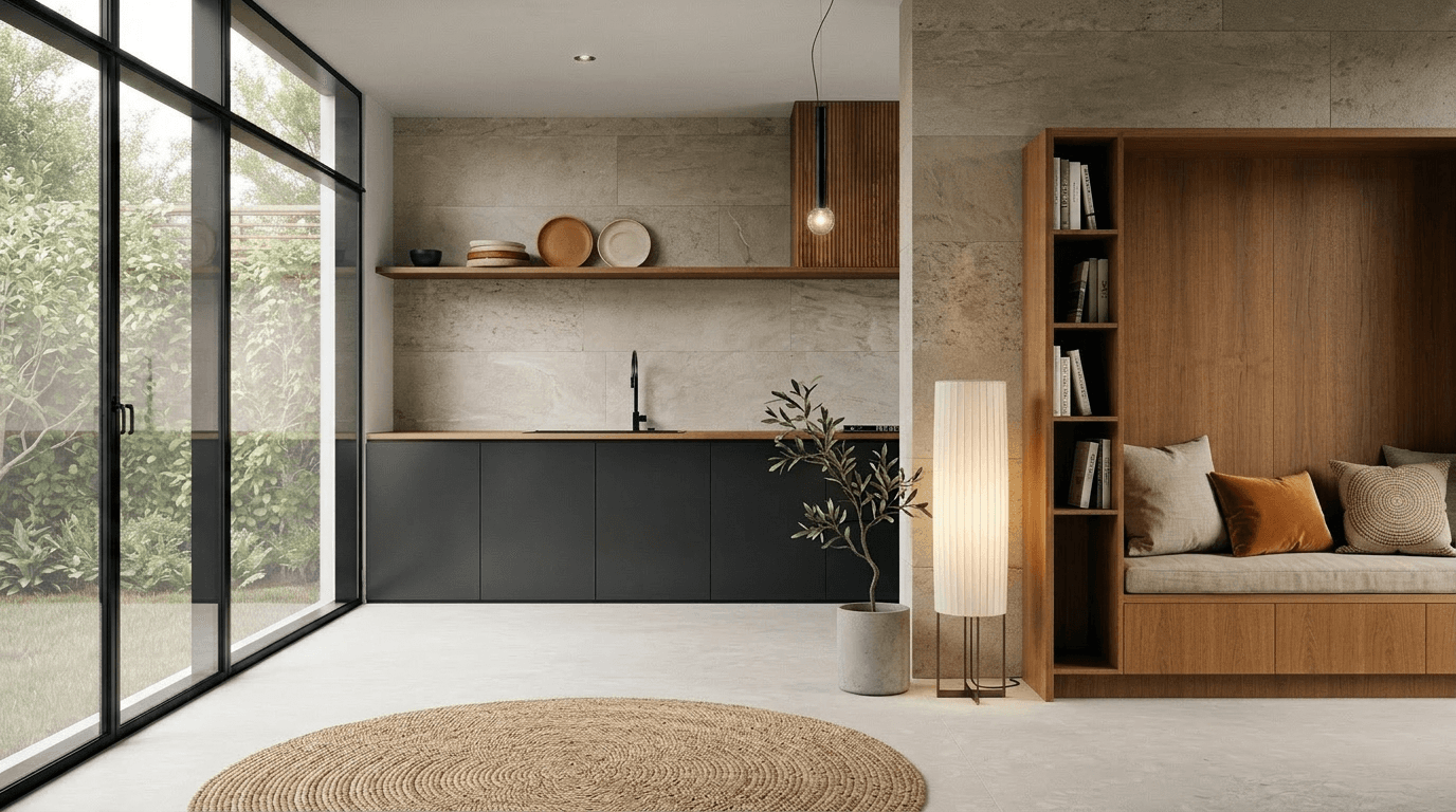 Interior design showcasing a sleek kitchen, wooden accents, and a reading nook with a large window.