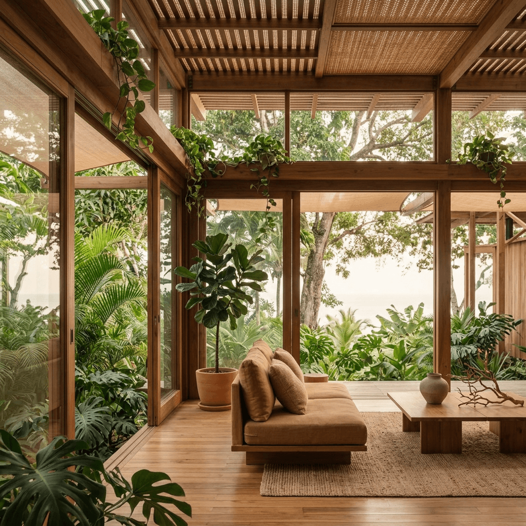 A modern wooden living room with greenery and warm, earthy tones.