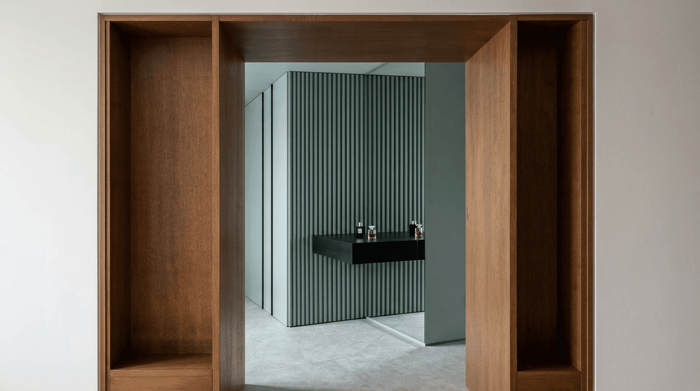 Minimalist modern bathroom with wooden entrance and cool-toned fixtures.