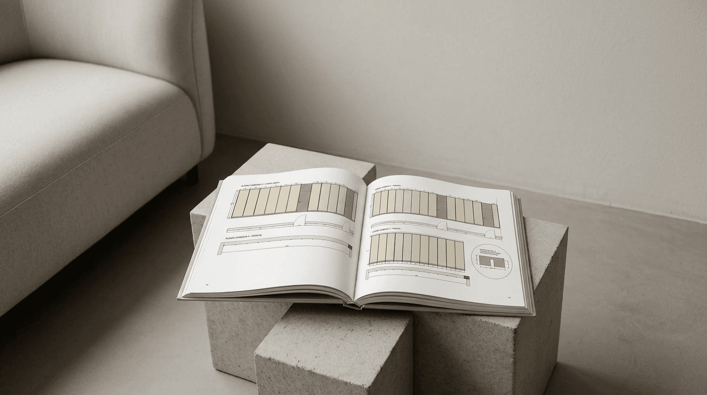 An open design book with architectural layouts on concrete blocks.