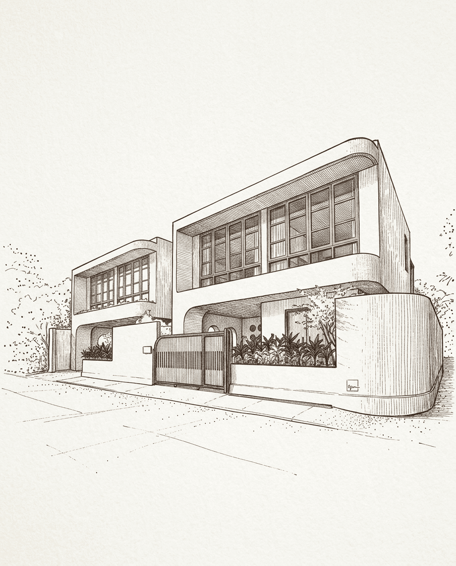 Illustration of a modern two-story house surrounded by greenery.