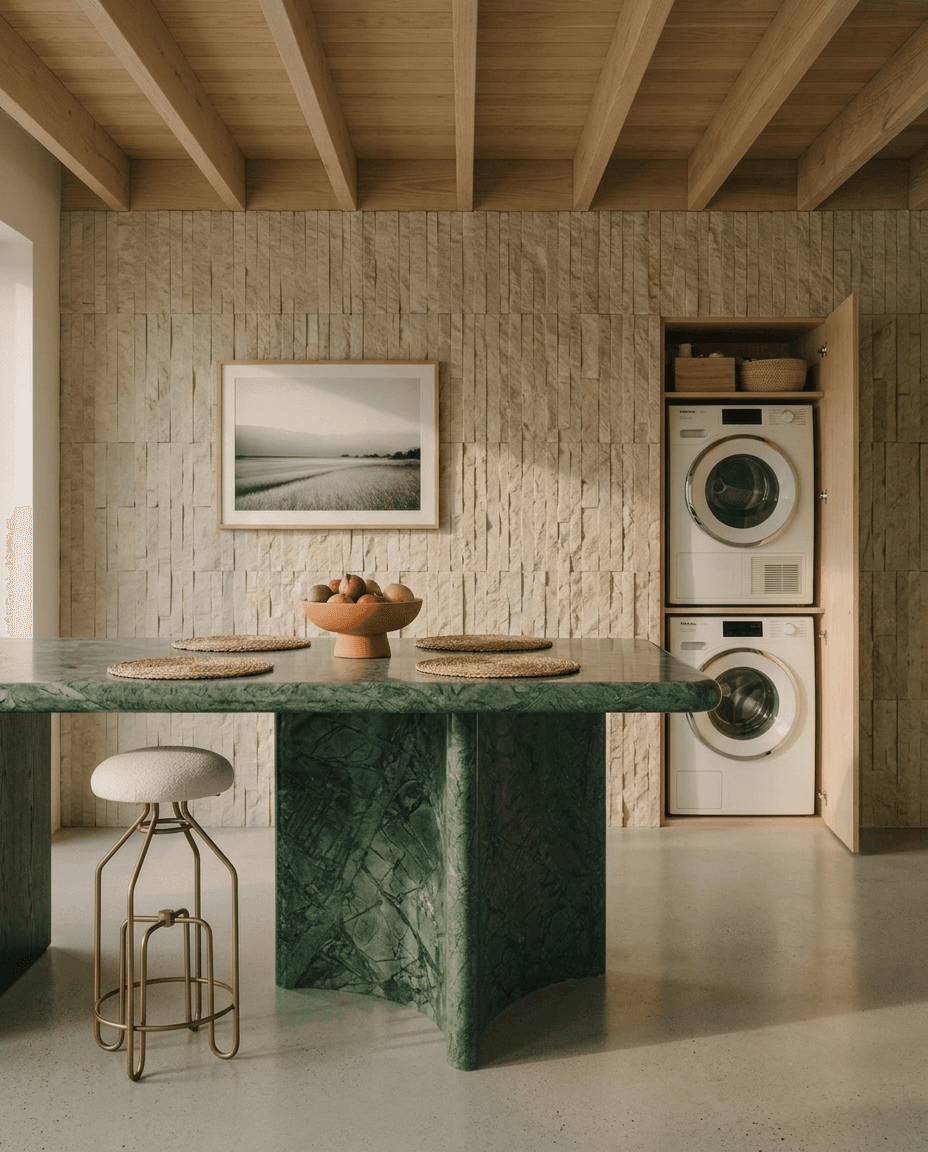 Modern laundry area with green marble table and minimalist chair against a stone wall.