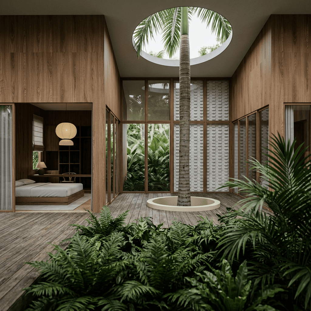 Interior space with natural wood finishes and large windows showing greenery.