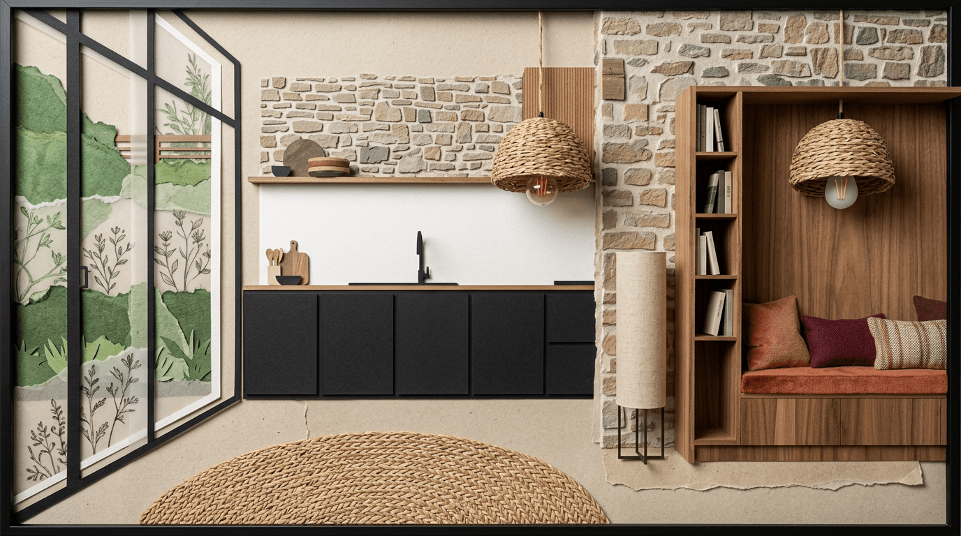 Interior illustration of a modern kitchen with dark cabinetry and a reading nook.