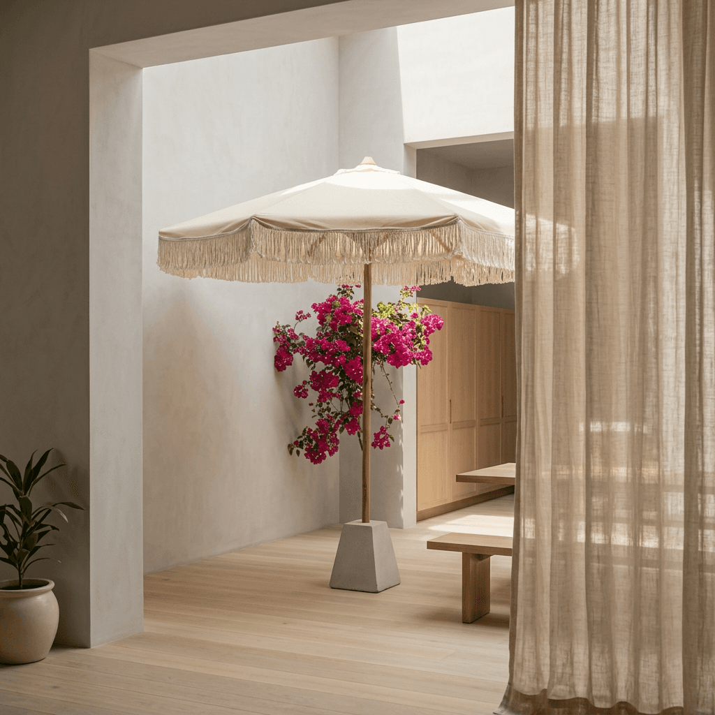 Interior scene with a fringed umbrella and a bouquet of pink bougainvillea.