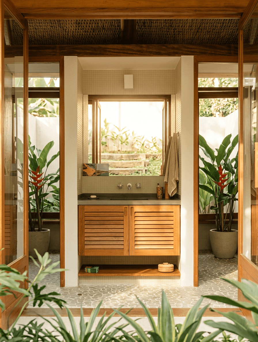 A bright bathroom with wooden accents and large windows surrounded by greenery.
