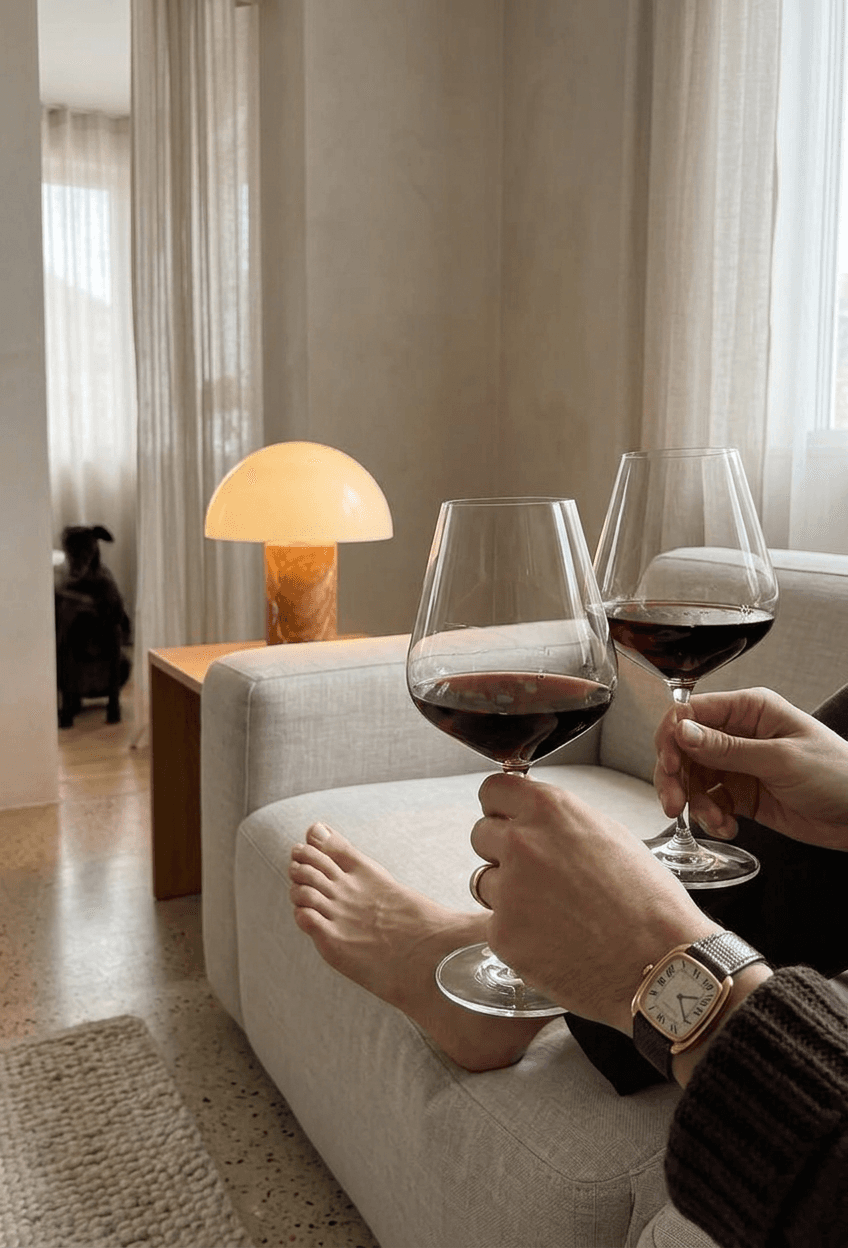 Hands holding large glasses of red wine on a light sofa with bare feet visible.