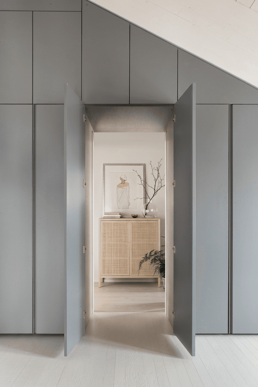 A softly lit hallway with gray cabinetry leading to a room with wooden furniture and a framed illustration.