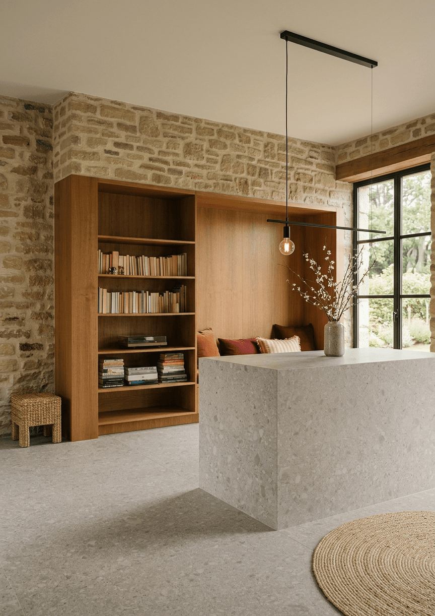 Modern interior with a stone wall, kitchen island, and wooden bookshelves.