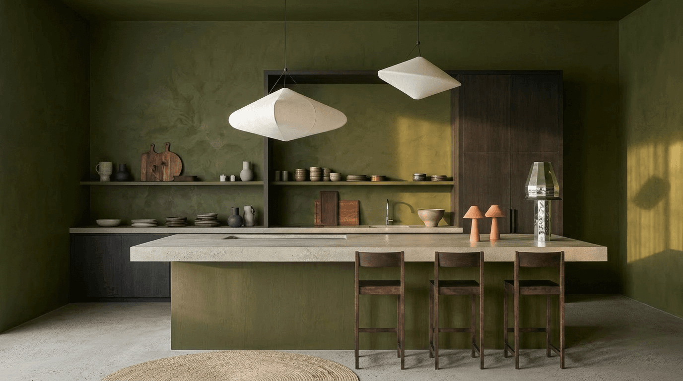 A minimalist kitchen with earthy green tones and warm lighting.