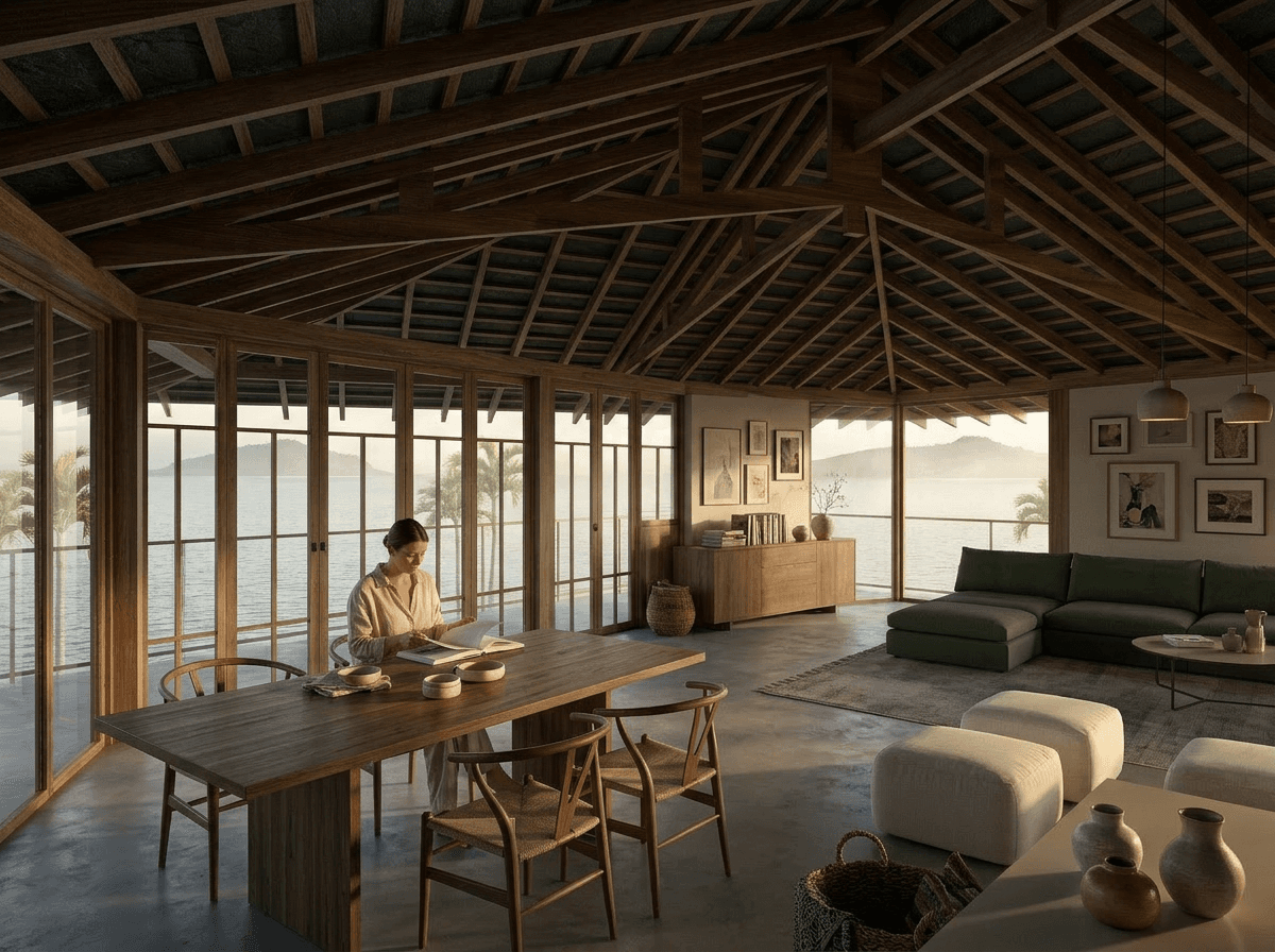 A woman reading at a wooden dining table in a modern living space with natural light.