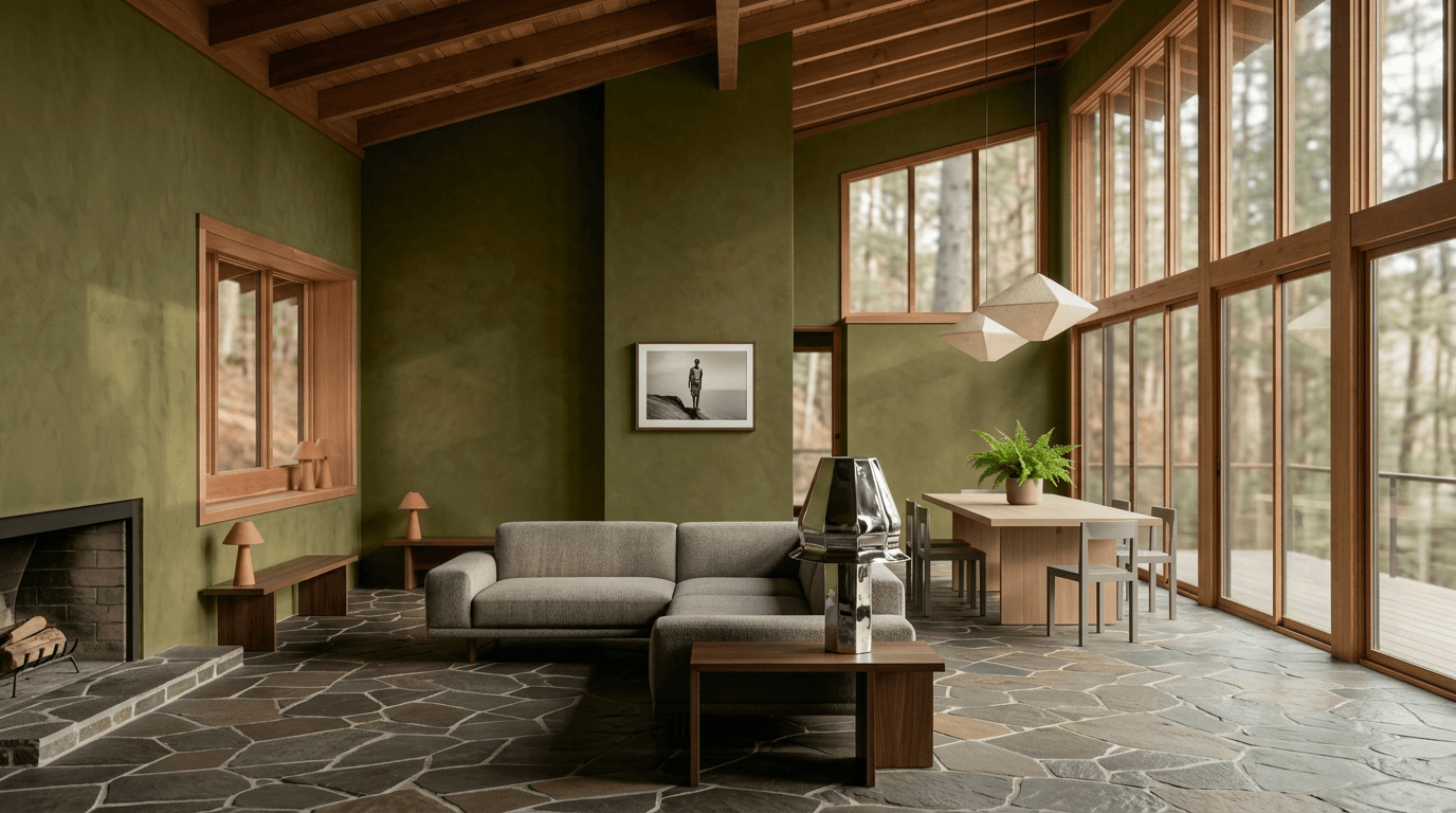 Modern interior design with earthy tones, large windows, and minimalist furniture.