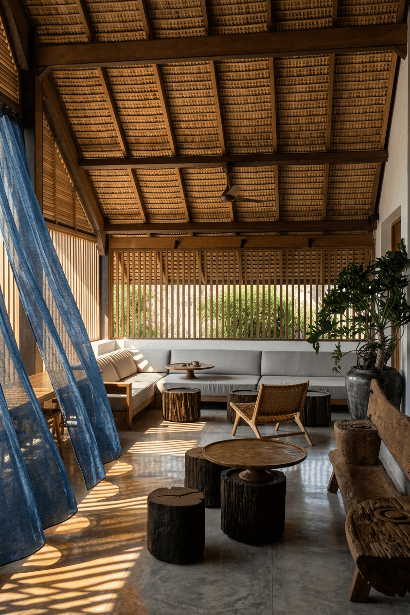 Interior space with wood elements, soft textures, and sunlight through bamboo slats.