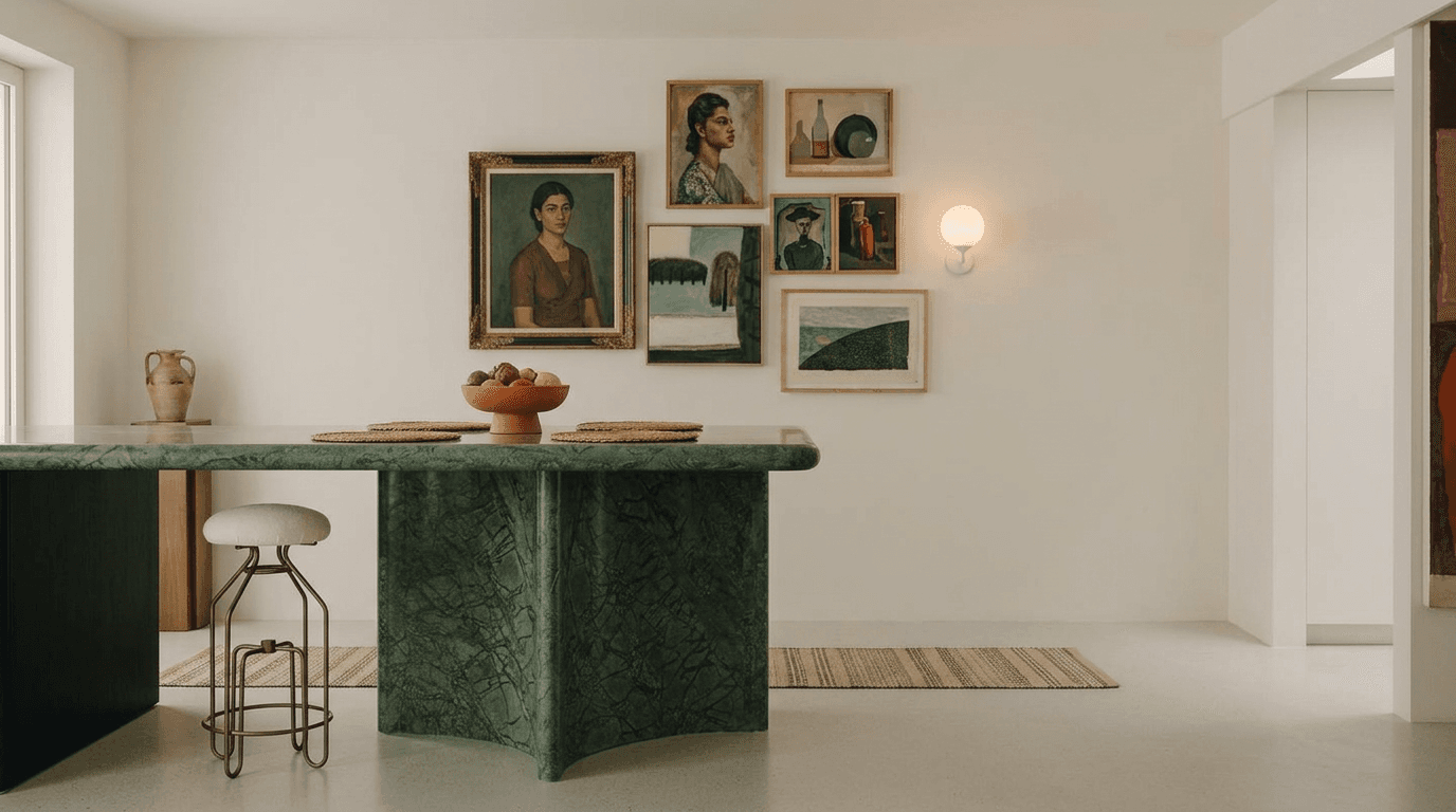 Interior view of a modern kitchen with a green marble island and minimalist decor.