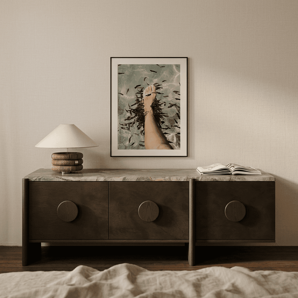 Interior scene with a wooden sideboard, marble top, lamp, open book, and framed photo.