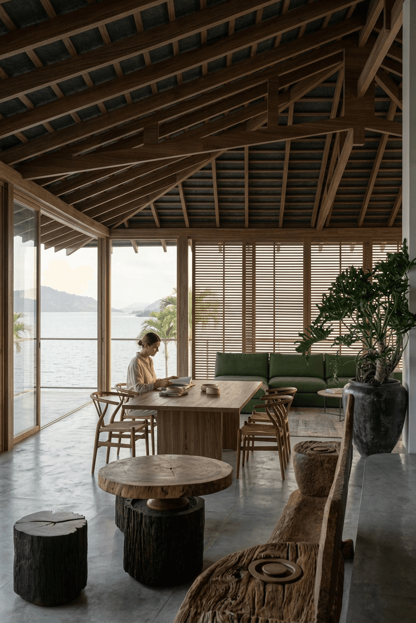 Bright interior of a beachfront home with wooden accents and large windows.