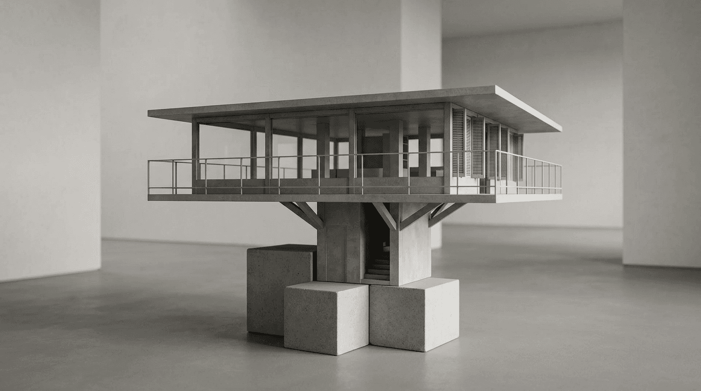 3D rendering of a modern house elevated on concrete blocks with a balcony and large glass windows.