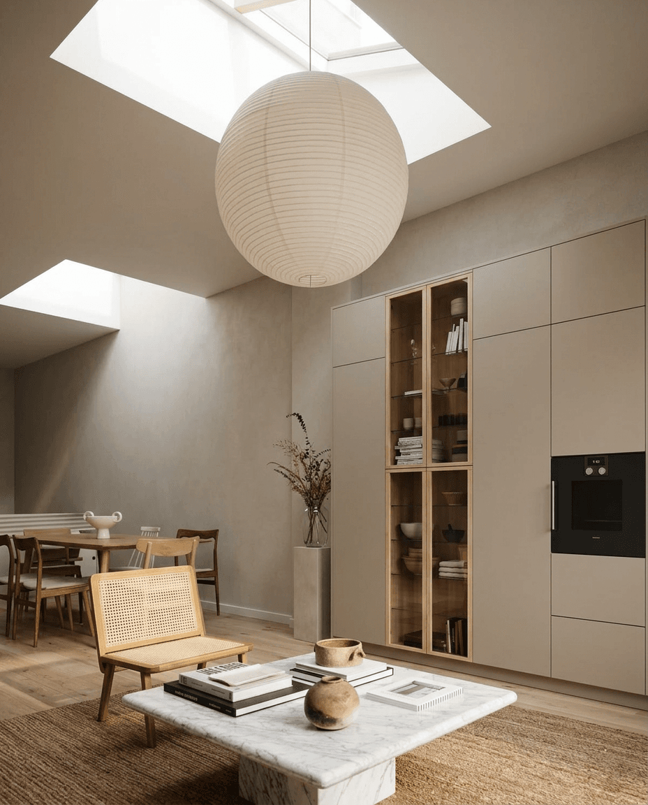 A serene interior with a marble coffee table, skylights, and warm wood accents.