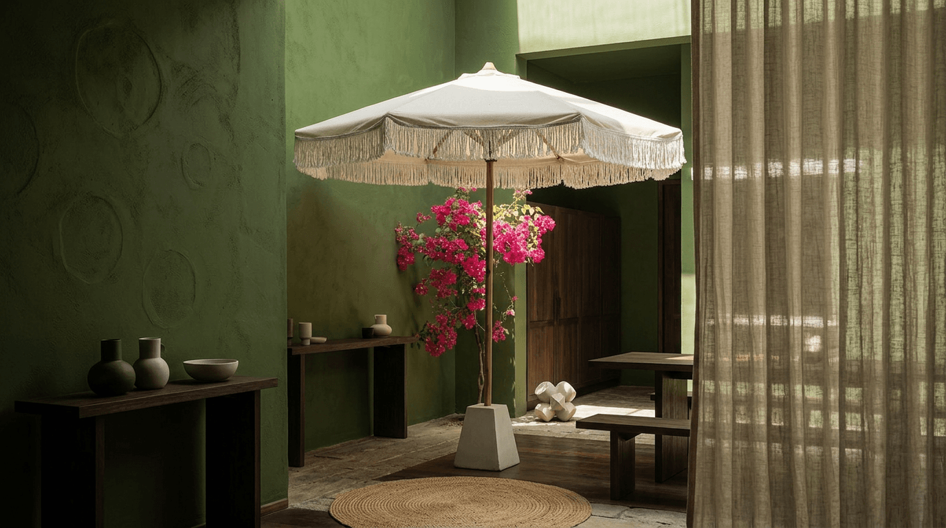 Interior scene featuring a white umbrella and pink bougainvillea with green walls.