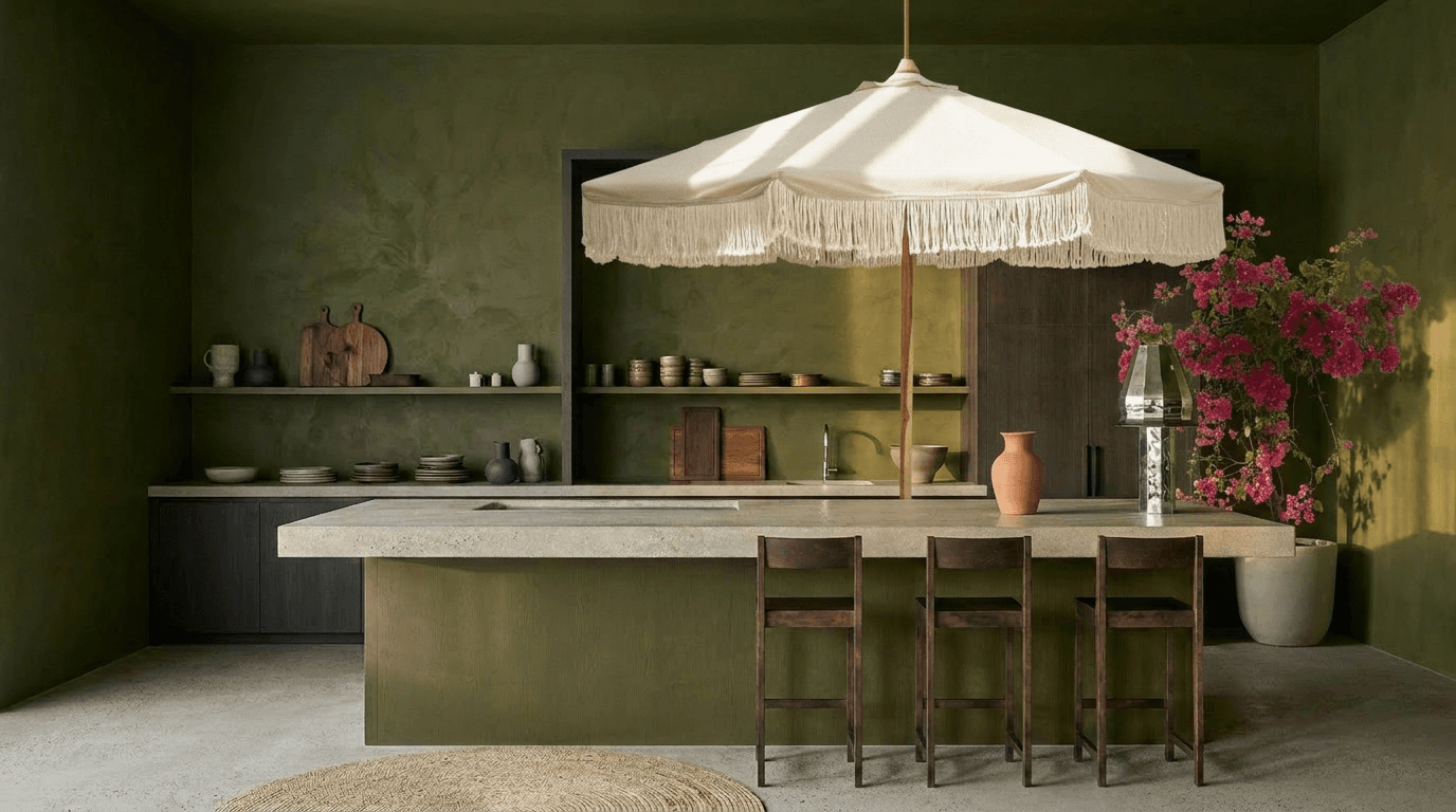 Interior of a modern kitchen with green walls, minimalist furniture, and a central island with a cream umbrella.