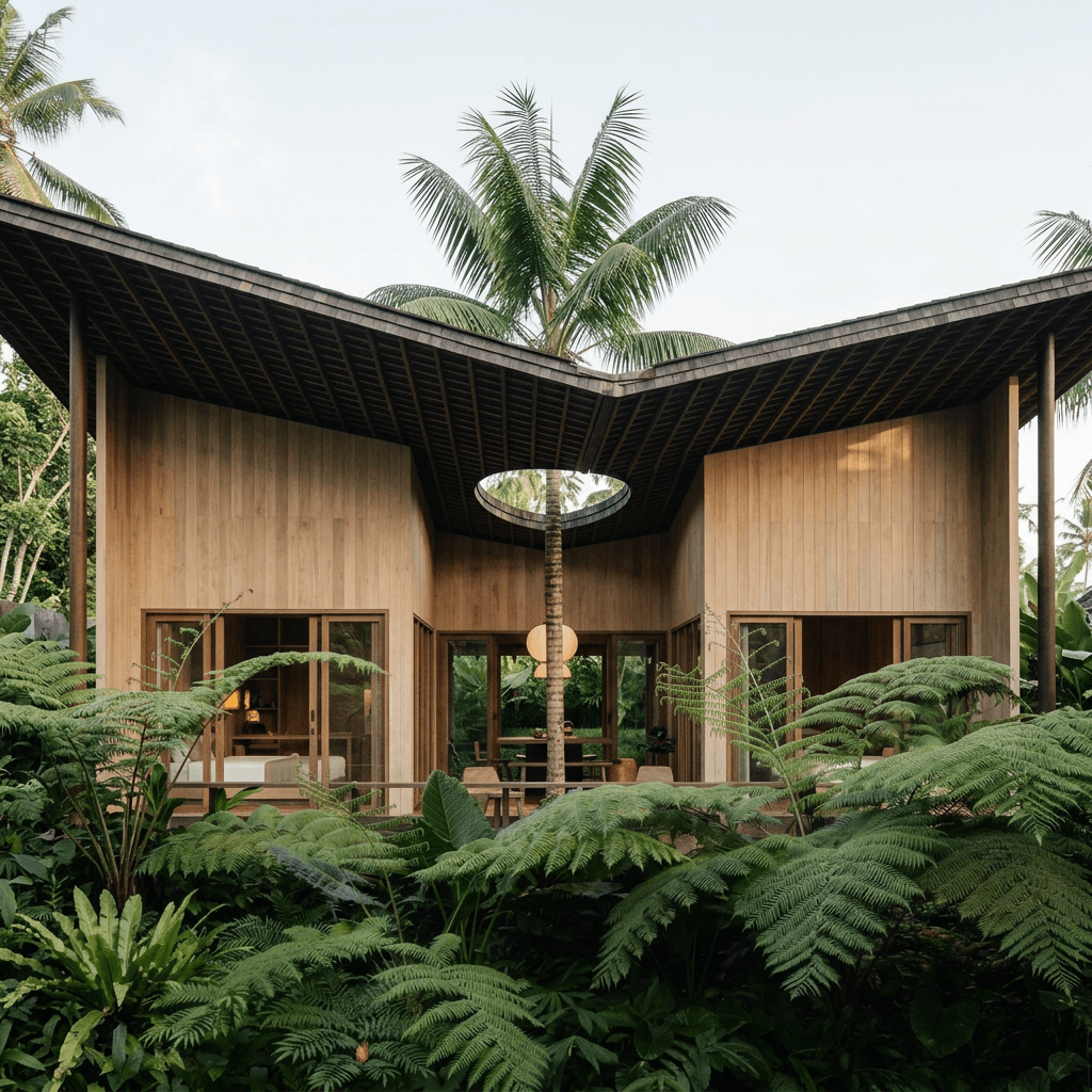 A modern wooden house with an angular design set in lush greenery.