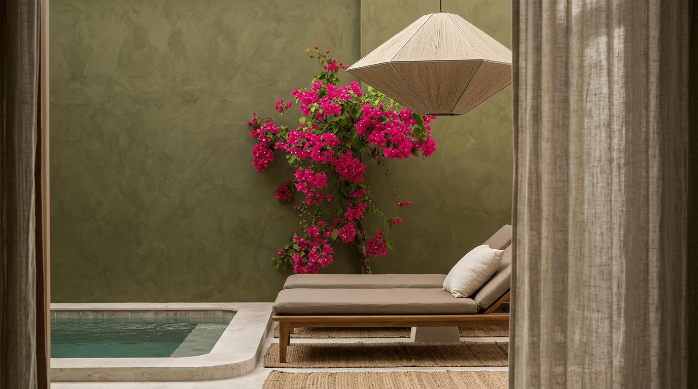 Interior scene of a modern lounge with a chaise, pendant light, curtains, pool, and bougainvillea.