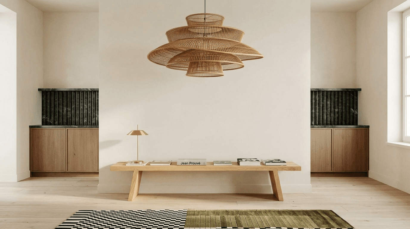 Minimalist interior with a light wooden bench and woven pendant light on pale walls.