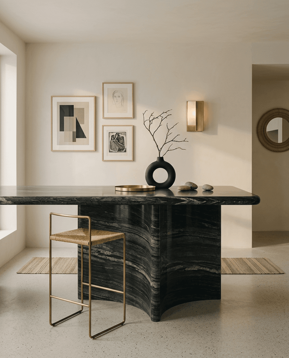 Minimalist interior with a black marble table, modern vase, and artwork on the walls.