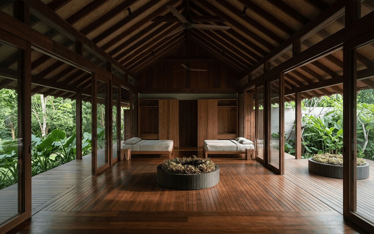 Serene modern wooden interior with large glass panels and greenery.