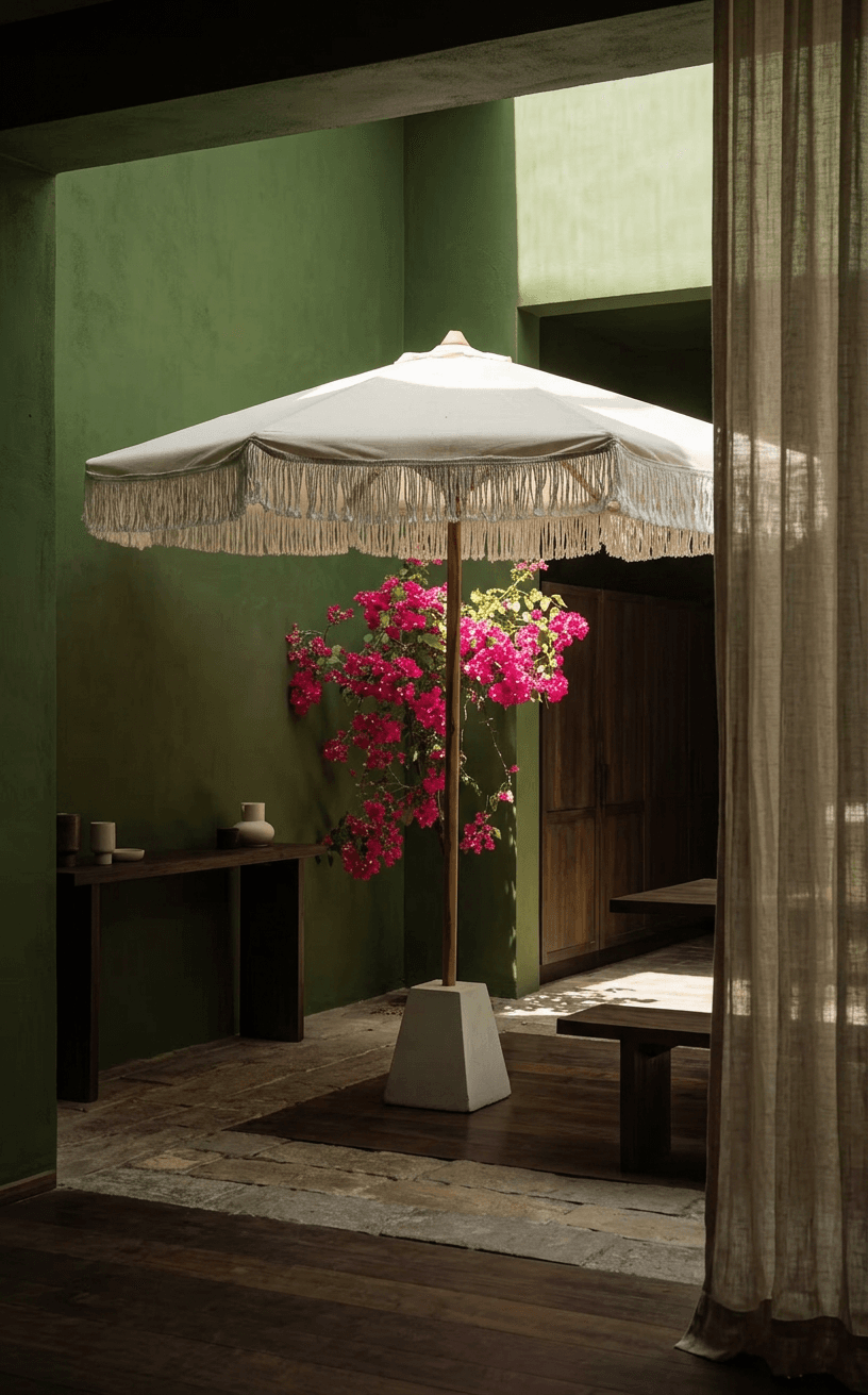 Interior scene with a white fringed umbrella, wooden table, and pink bougainvillea on a green wall.