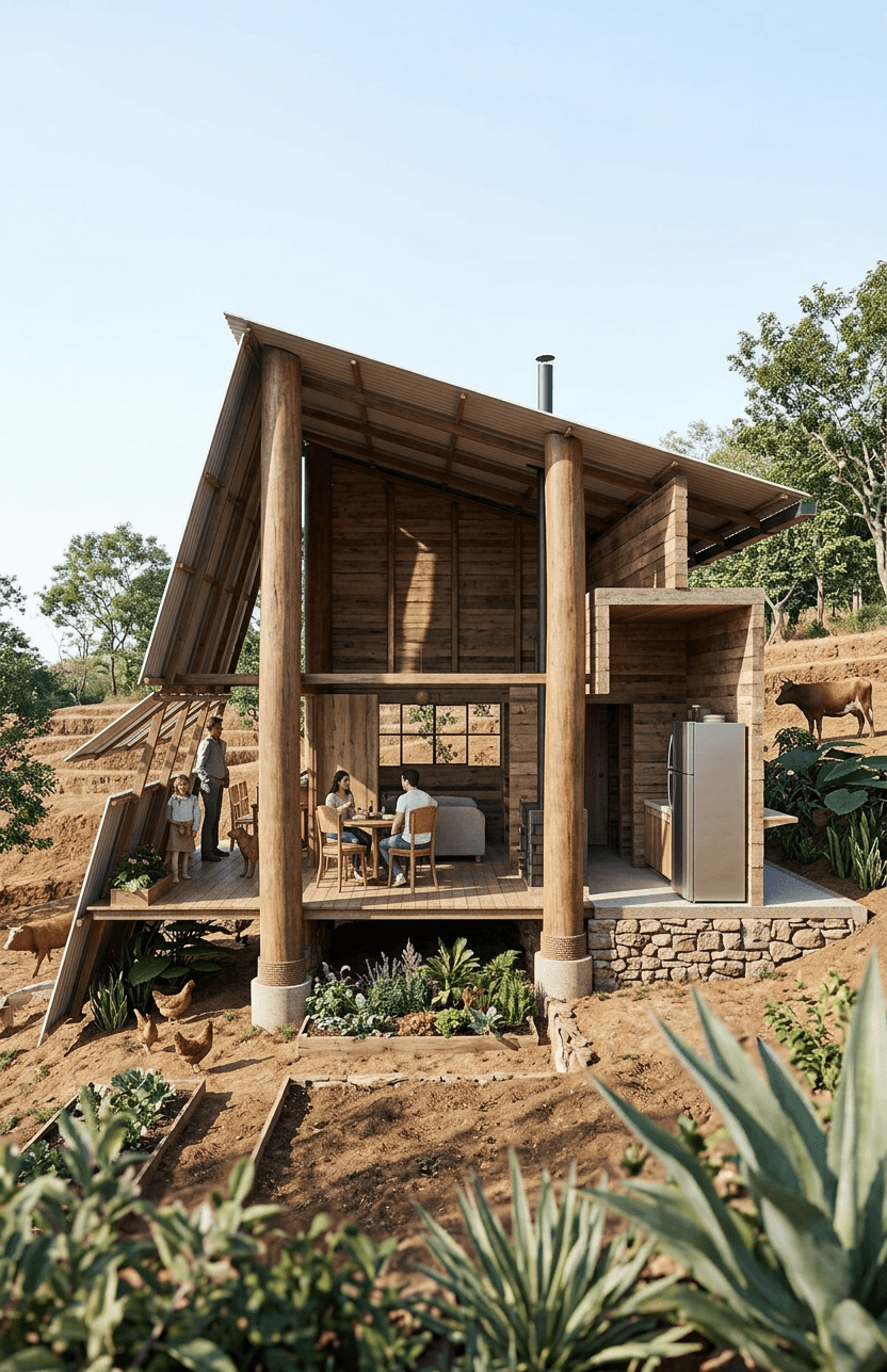 A wooden cabin in nature with a family dining outdoors among greenery.