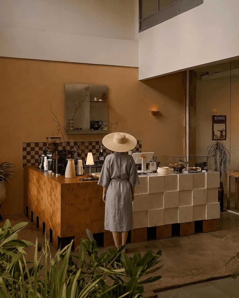A woman wearing a grey robe and wide-brimmed hat stands at a café counter.