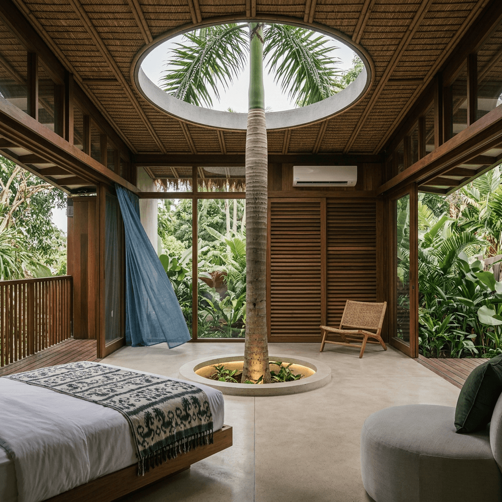 A modern bedroom with a central palm tree and earthy tones.