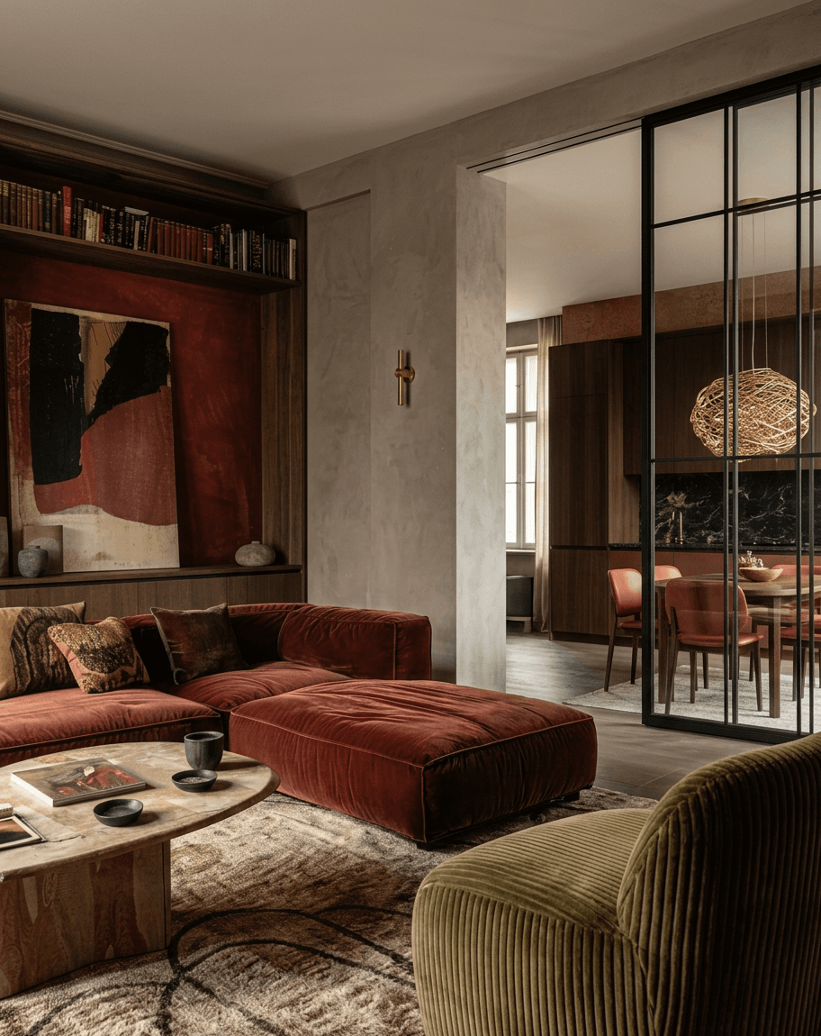 A modern living room with a red velvet couch and marble coffee table, featuring warm lighting and earthy colours.