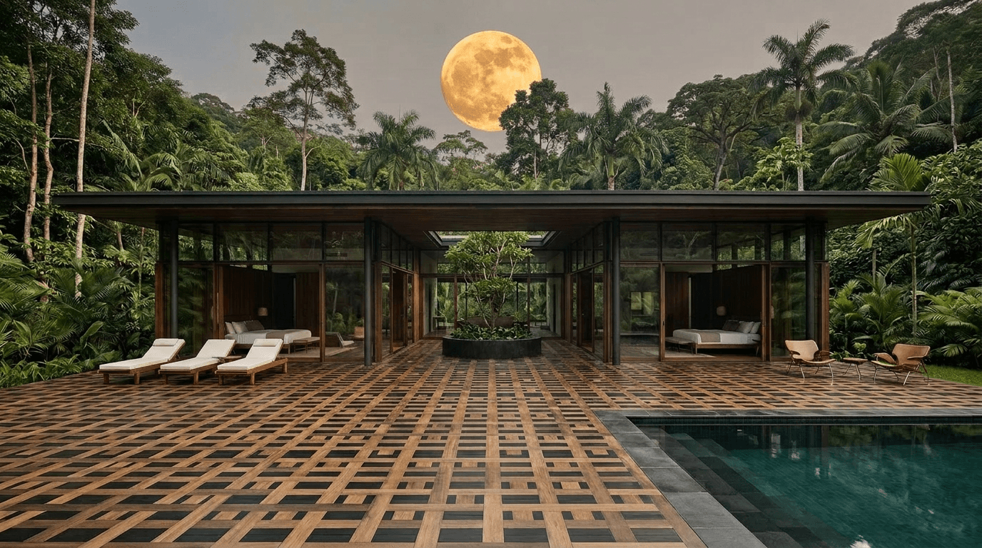 A modern open-air home with tropical plants and a full moon in the sky.