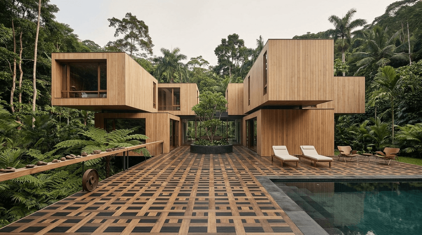 Wooden box-like structures in a lush tropical landscape.