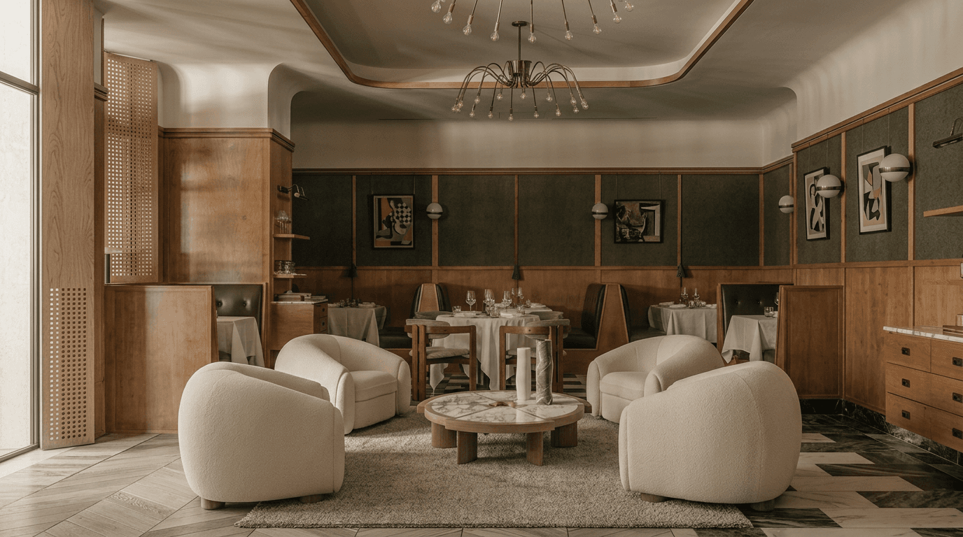 A modern dining room with plush seating and wood paneling in earthy tones.