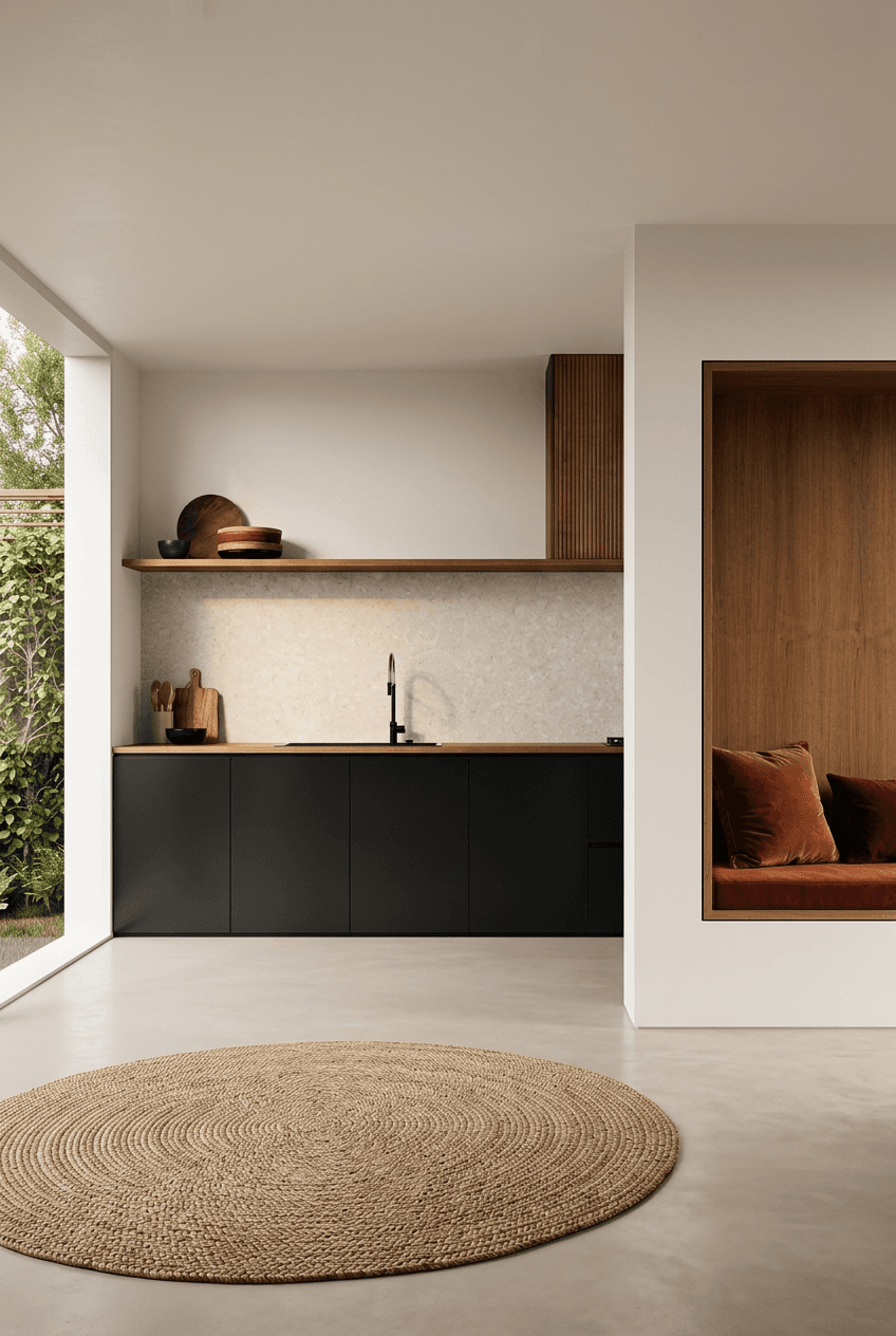 A modern kitchen with black cabinetry and wooden accents, bathed in soft natural light.
