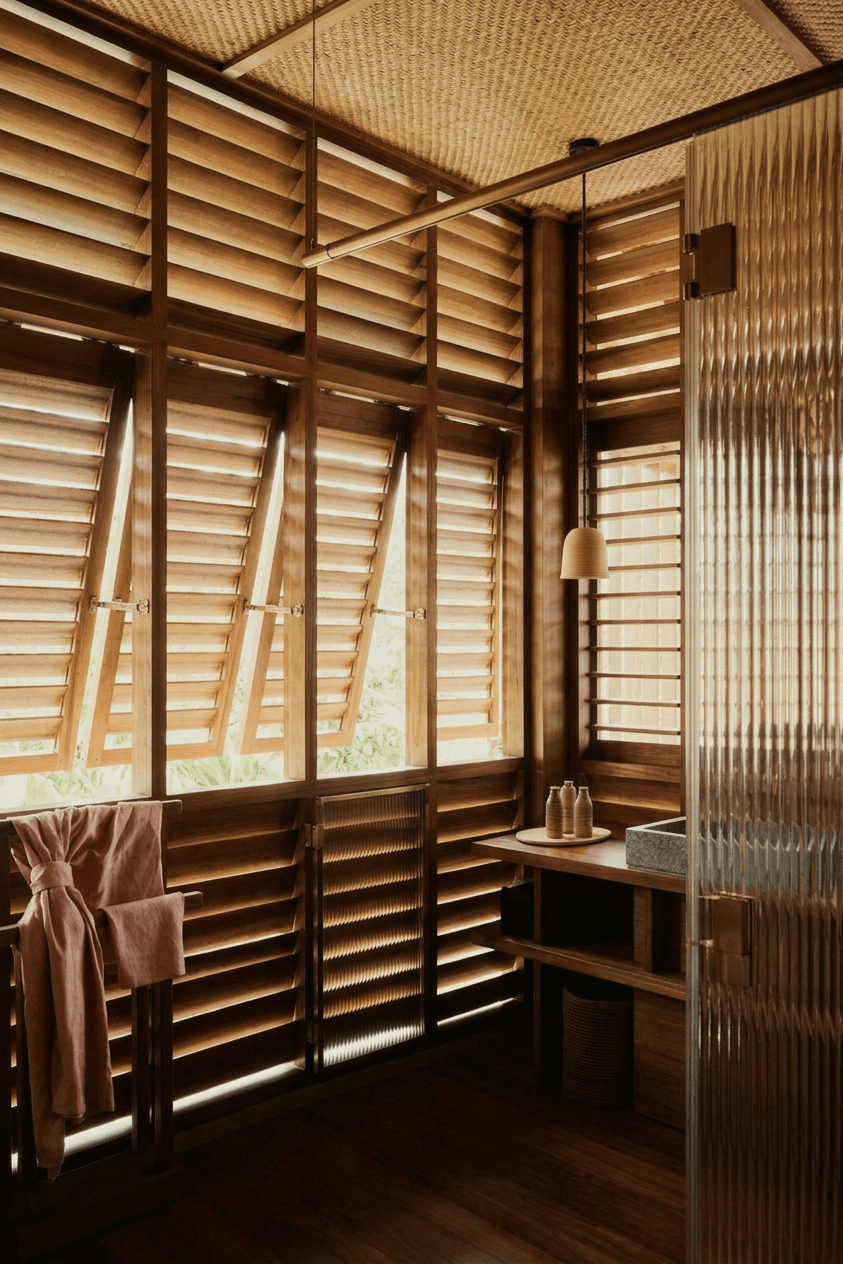 A warm wooden interior with slatted shutters and soft light.