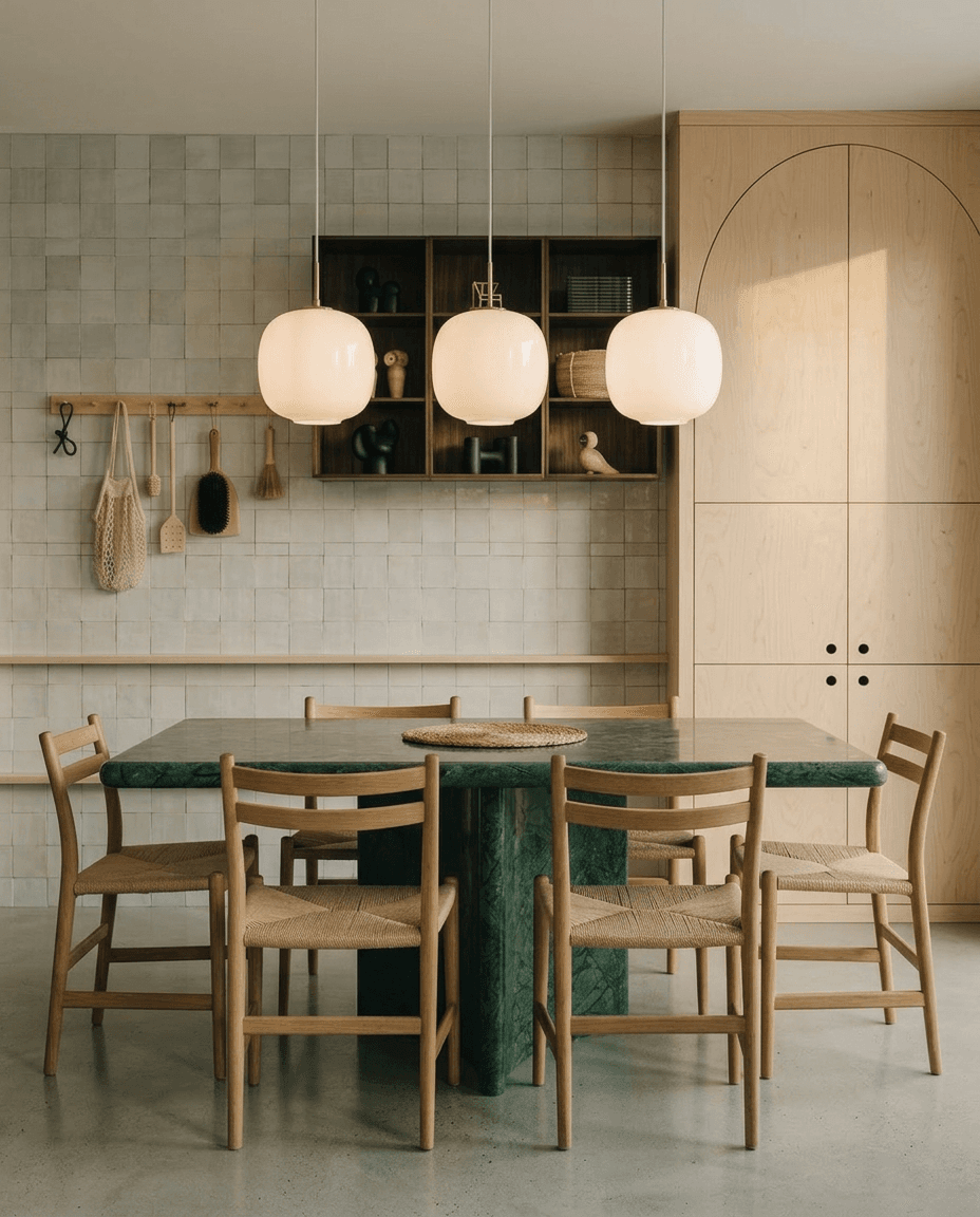A minimalist dining area with a green marble table and wooden chairs, illuminated by pendant lamps.