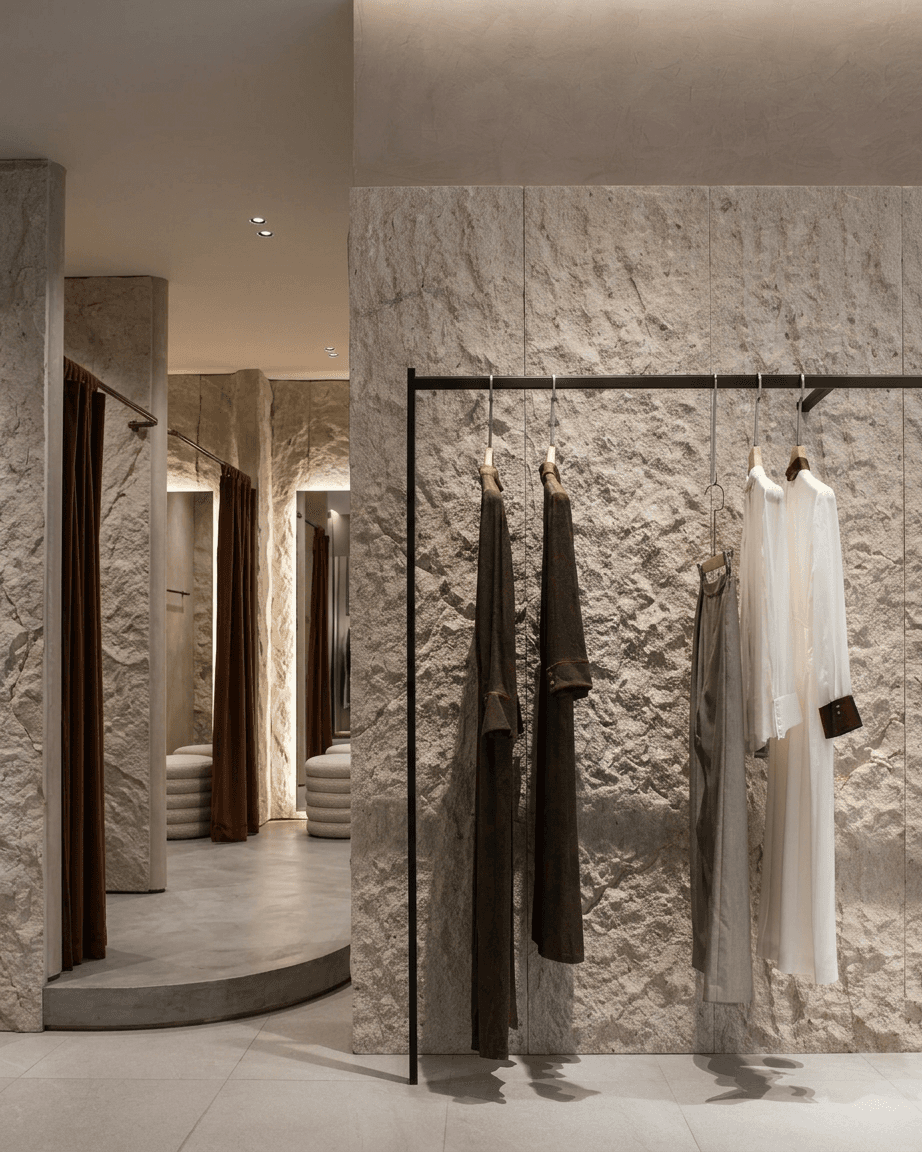 A retail space with textured walls and a minimalist clothing rack displaying elegant garments.