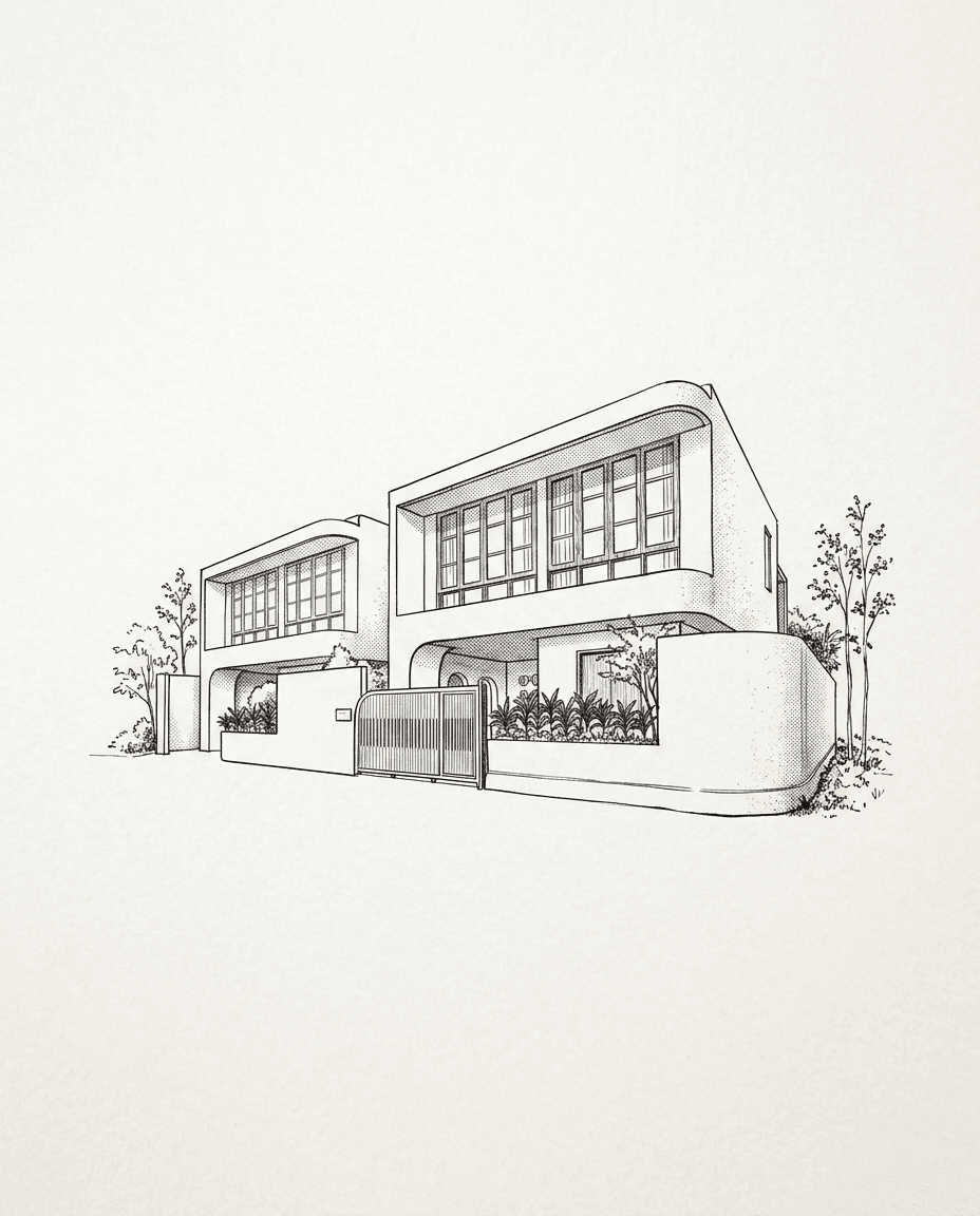 A minimalist illustration of a modern two-story house with large windows and greenery.
