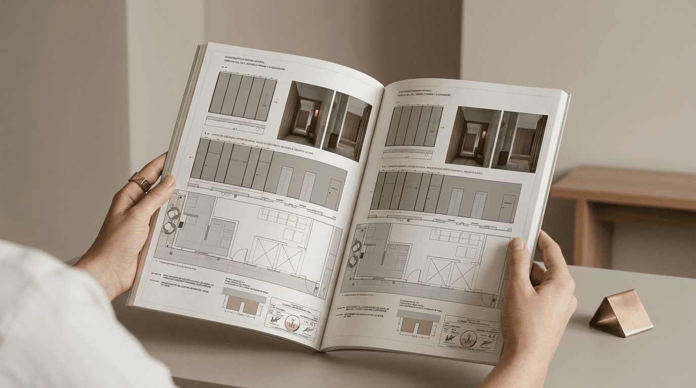 A person holding an open architectural magazine with floor plans and elevations.