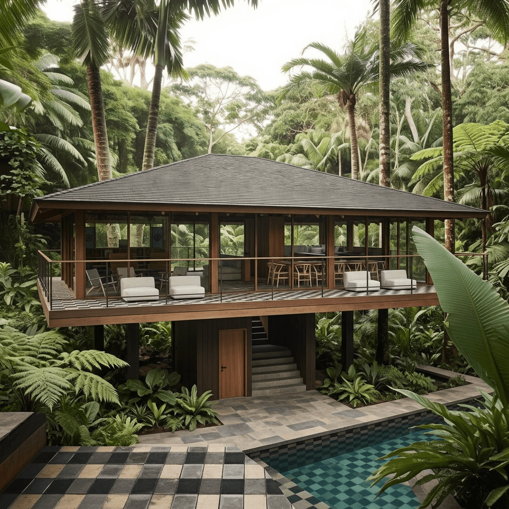 A modern wooden house elevated above greenery with tropical ferns and palms.