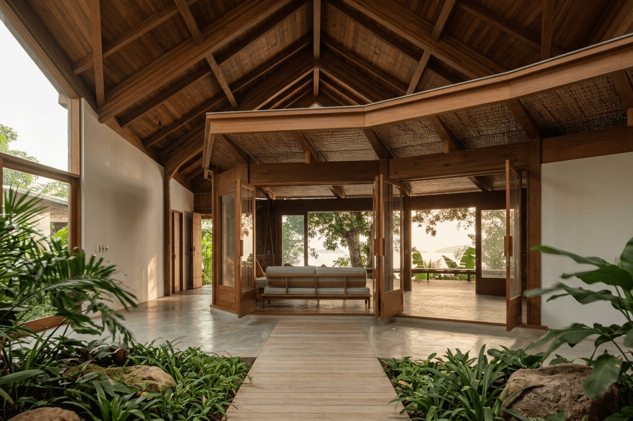 Interior space with wooden elements, large windows, and plants in warm tones.