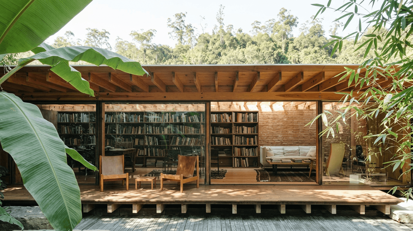 A cozy library with large glass windows and greenery outside.