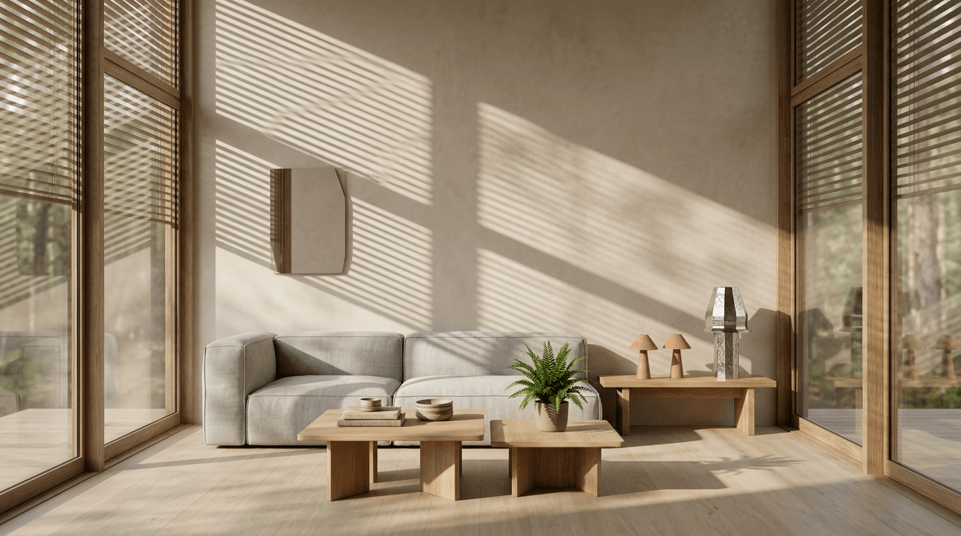 A minimalist living room with wooden furniture and potted plants in earthy tones.