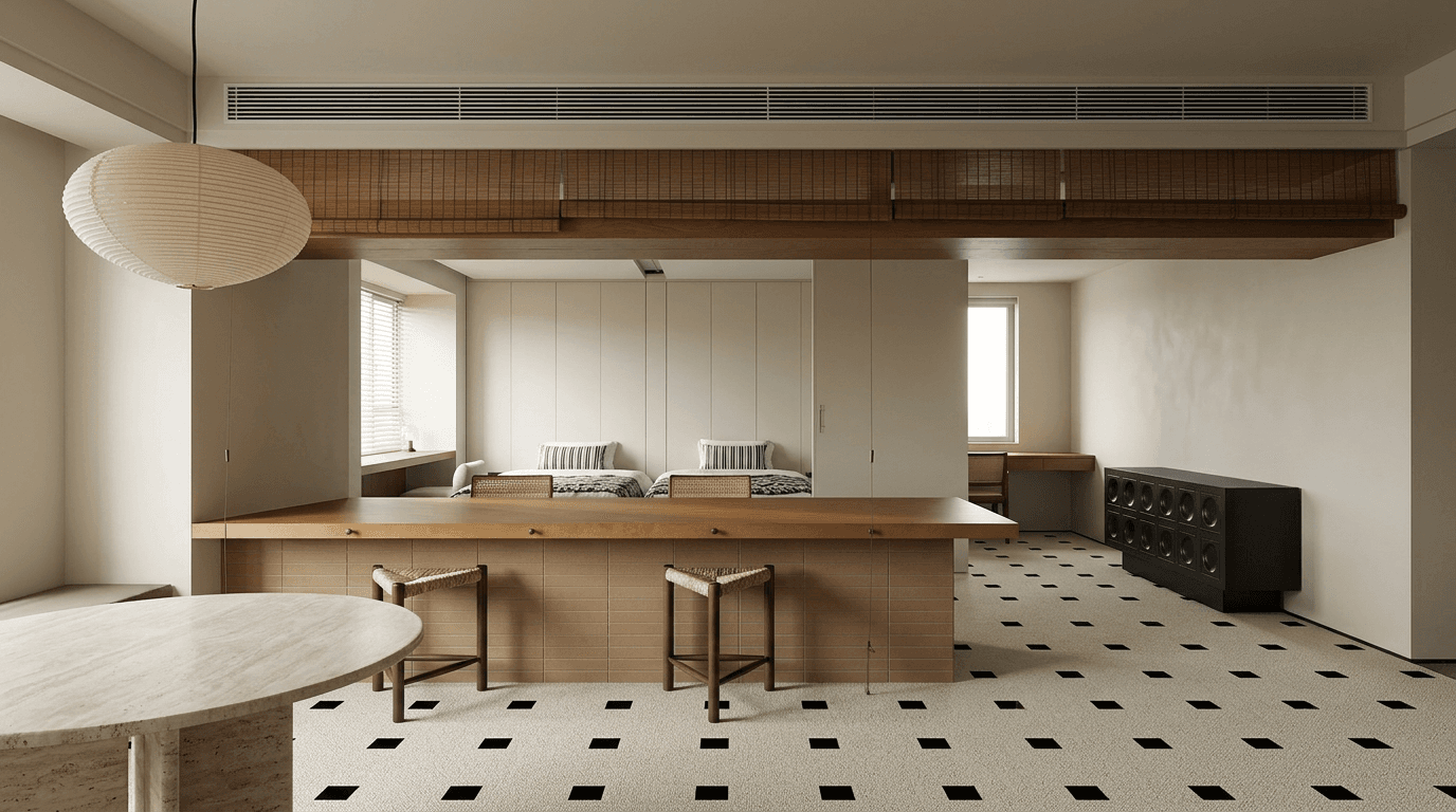 A serene minimalist room with neutral tones, wooden bar, and patterned flooring.